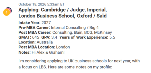MBA applicant from Australia with a 645 GMAT score.
