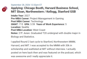 MBA applicant who has a 715 GMAT and is a reapplicant.