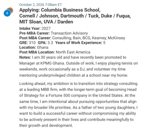 MBA applicant from Ghana with a 310 GRE score.